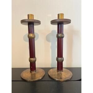 S/2 Vintage 1995 Brass and Wood Candlesticks